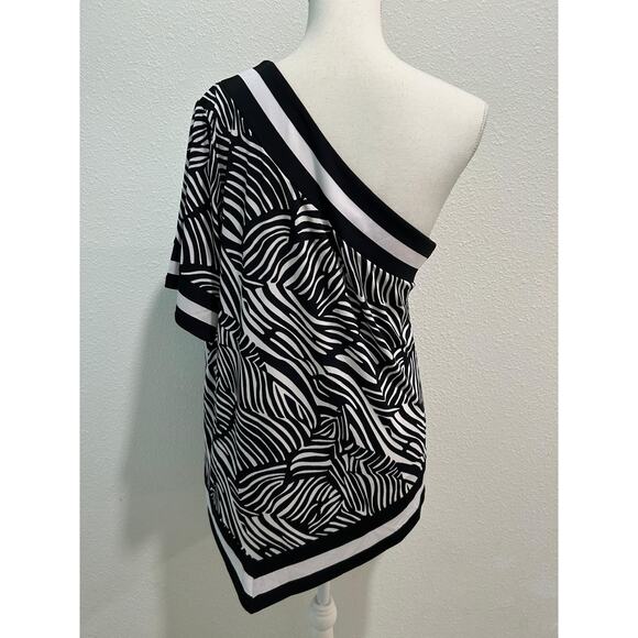 Michael Kors Womens Zebra Border-Print One Shoulder Blouse BlackWhite Large New - Picture 4 of 8